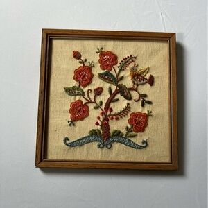 Vintage Crewel embroidered tree with flowers photo frame unfinished